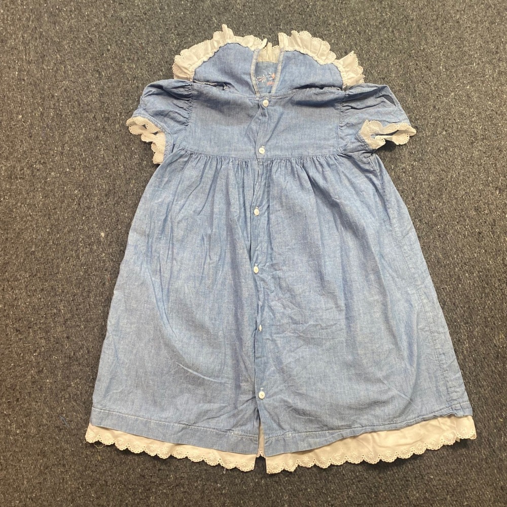 OshKosh Dress Sz 6 Girls Blue Boho 90s Eyelet Lace Trim Chambray Made in USA